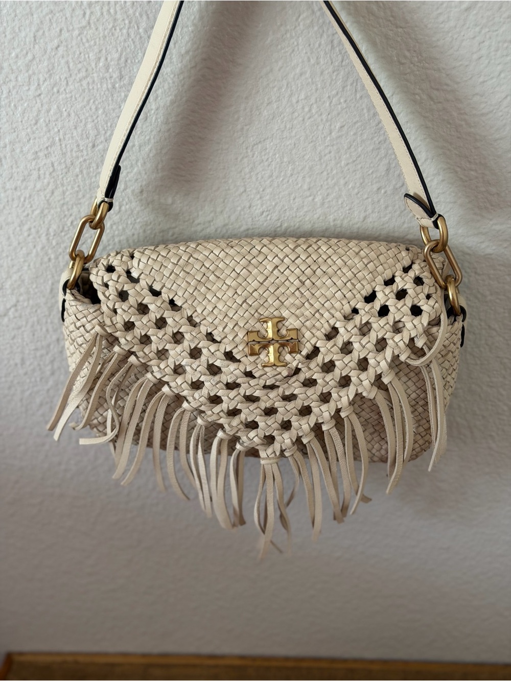 Tory Burch Woven Fringe Shoulder Bag in Ivory